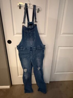 Mothera Maternity Distressed Blue Denim Overalls Size M